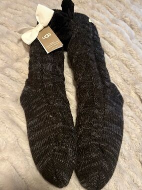 UGG Charcoal Pom Cable Knit Slipper Socks
